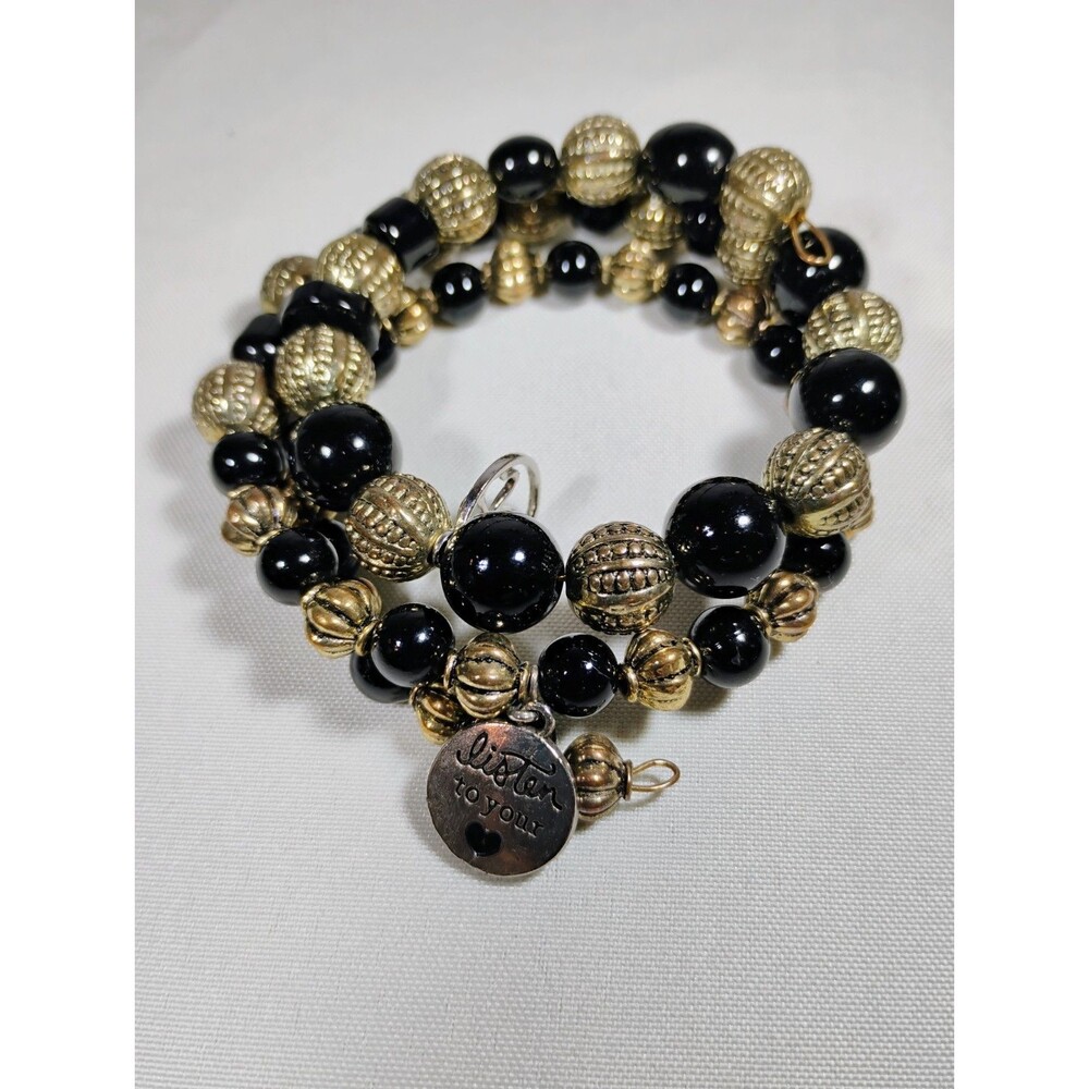 Bohemian Bracelet Textured Gold-tone & Smooth Black Beads Listen To Your Heart